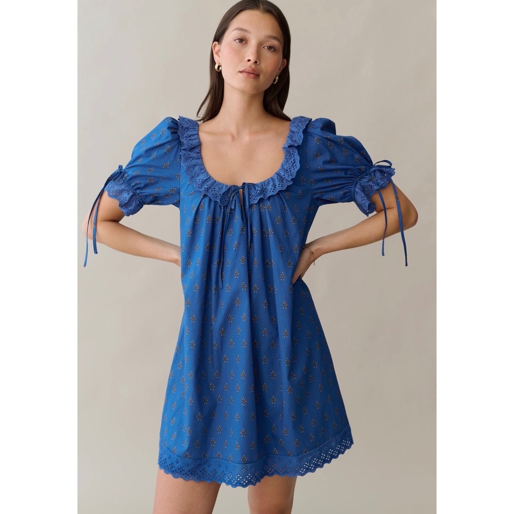 Few Moda Kourt Blue Floral Eyelet Lace Puff Sleeve Cotton Mini Dress XL